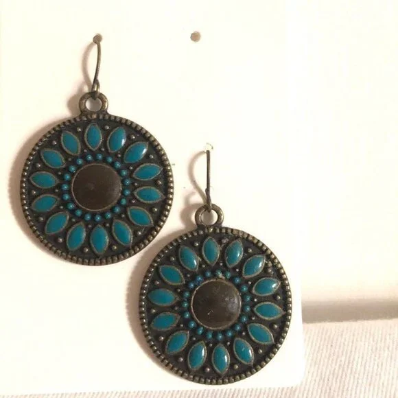 Antiqued Gold Tone Round Cabochon Dangle Earrings - Picture 4 of 7